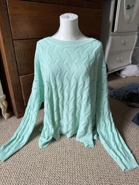 Mint green oversized sweater with open knit design